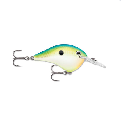 Introducing the Rapala DT Series Crankbaits by Rapala, a vibrant fishing lure featuring two treble hooks. Designed to resemble a small fish, it showcases a green to yellow gradient body with a distinct black spot and includes a translucent lip for diving. The internal weights are engineered to optimize its performance in the water.