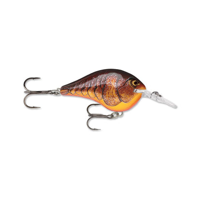 The Rapala DT Series Crankbaits by Rapala mimics a baitfish with its segmented, brown and orange body adorned with a spotted pattern. Crafted from balsa wood, it boasts crankbait action with a clear plastic lip and features two treble hooks for effective diving in water.