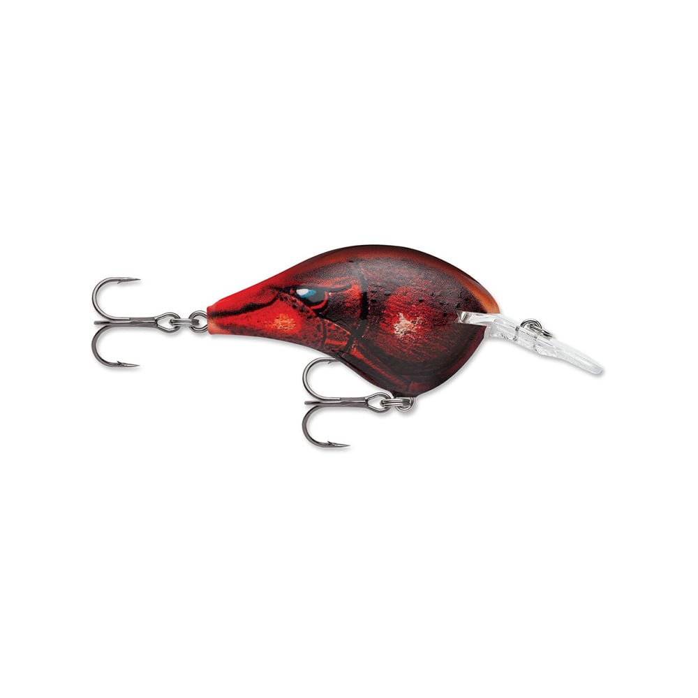 The Rapala DT Series Crankbaits from Rapala showcase a red and black lure equipped with two treble hooks. Made from balsa wood, it features a realistic fish-like shape, a clear plastic diving lip, and precise eye and scale details to optimize its crankbait action.