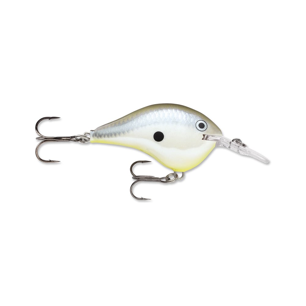 The Rapala DT Series Crankbaits by Rapala is designed with two treble hooks and a body made of balsa wood. It features a metallic white finish with a dark top and a small black dot on the side, perfect for mimicking fish with its crankbait action. The lure also includes a clear lip at the front.