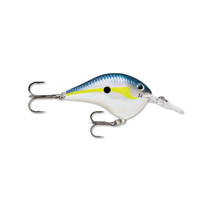 This fishing lure, part of the Rapala DT Series Crankbaits by Rapala, showcases a blue and white body with a distinctive small black dot near the center. Made from balsa wood, it is equipped with two treble hooks and features a transparent plastic lip for diving. Its crankbait action mirrors that of other lures in the Rapala DT Series.