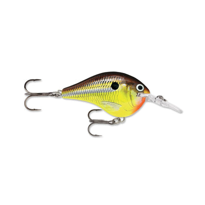 Introducing the Rapala DT Series Crankbaits, a fishing lure expertly crafted by Rapala. This vibrant lure is fish-shaped, made with balsa wood, and features a durable polycarbonate lip. It boasts an intricate scale pattern in yellow, brown, and black. Equipped with two treble hooks for optimal performance—one on top and one underneath—it’s a top choice for any angler.