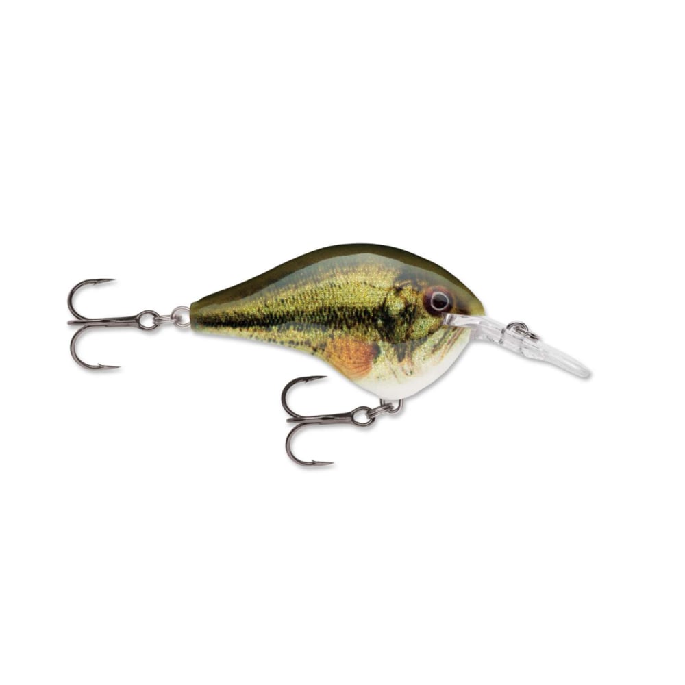 The Rapala DT Series Crankbaits by Rapala are designed in the shape of a small fish, made from balsa wood, and feature an intricate green and brown pattern. These crankbaits come equipped with two treble hooks and a clear, pointed polycarbonate lip for diving underwater.