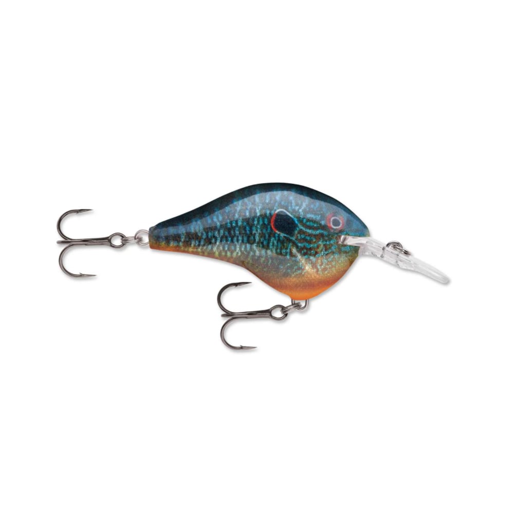 This vibrant Rapala DT Series Crankbait is expertly crafted with a fish design, showcasing blue and orange hues. It features two treble hooks and a polycarbonate lip for diving, making it an ideal lure for fishing enthusiasts.