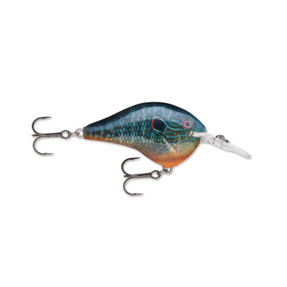 This vibrant Rapala DT Series Crankbait is expertly crafted with a fish design, showcasing blue and orange hues. It features two treble hooks and a polycarbonate lip for diving, making it an ideal lure for fishing enthusiasts.