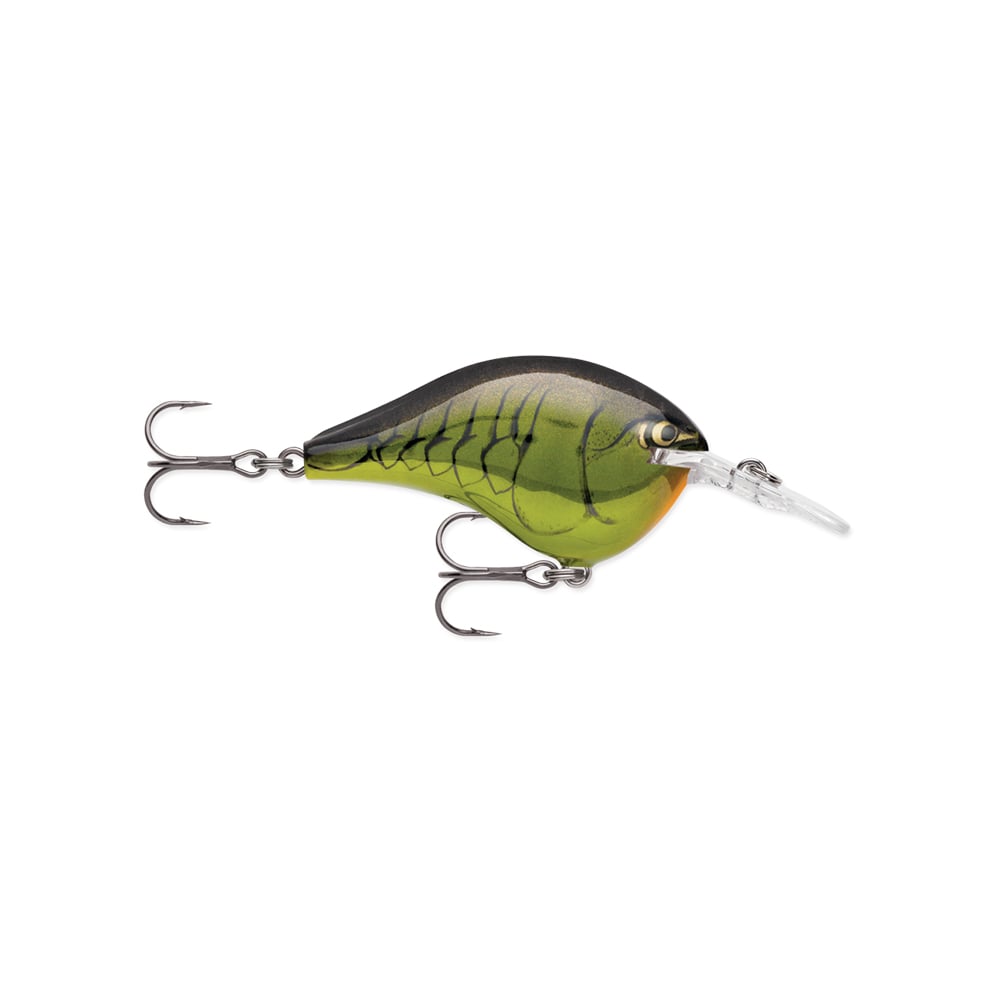 The Rapala DT Series Crankbaits from Rapala is a green and black fishing lure with a fish-like design, crafted from balsa wood. It features two treble hooks and a transparent lip for diving.