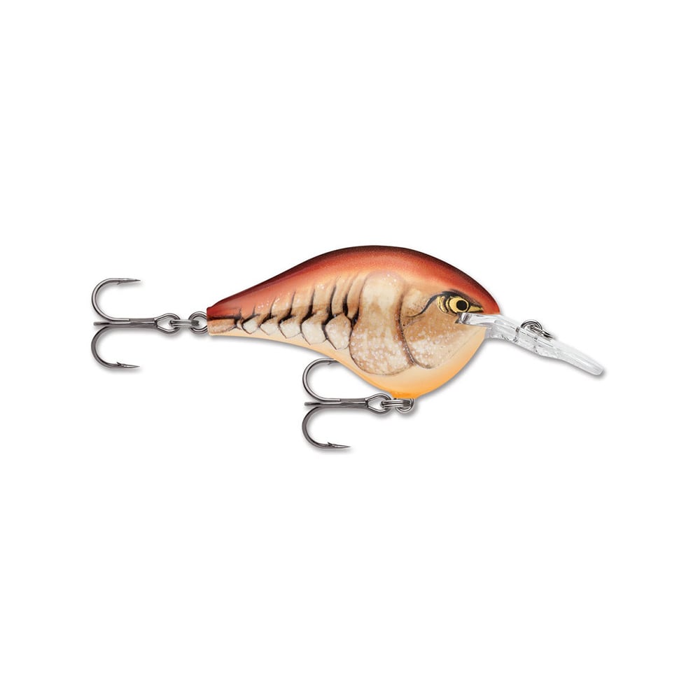 Designed to mimic a real fish, the Rapala DT Series Crankbaits by Rapala showcase a brown and beige body with intricate scale details and are equipped with two treble hooks underneath. Constructed from balsa wood, these crankbaits feature a clear plastic lip that enables authentic diving action.