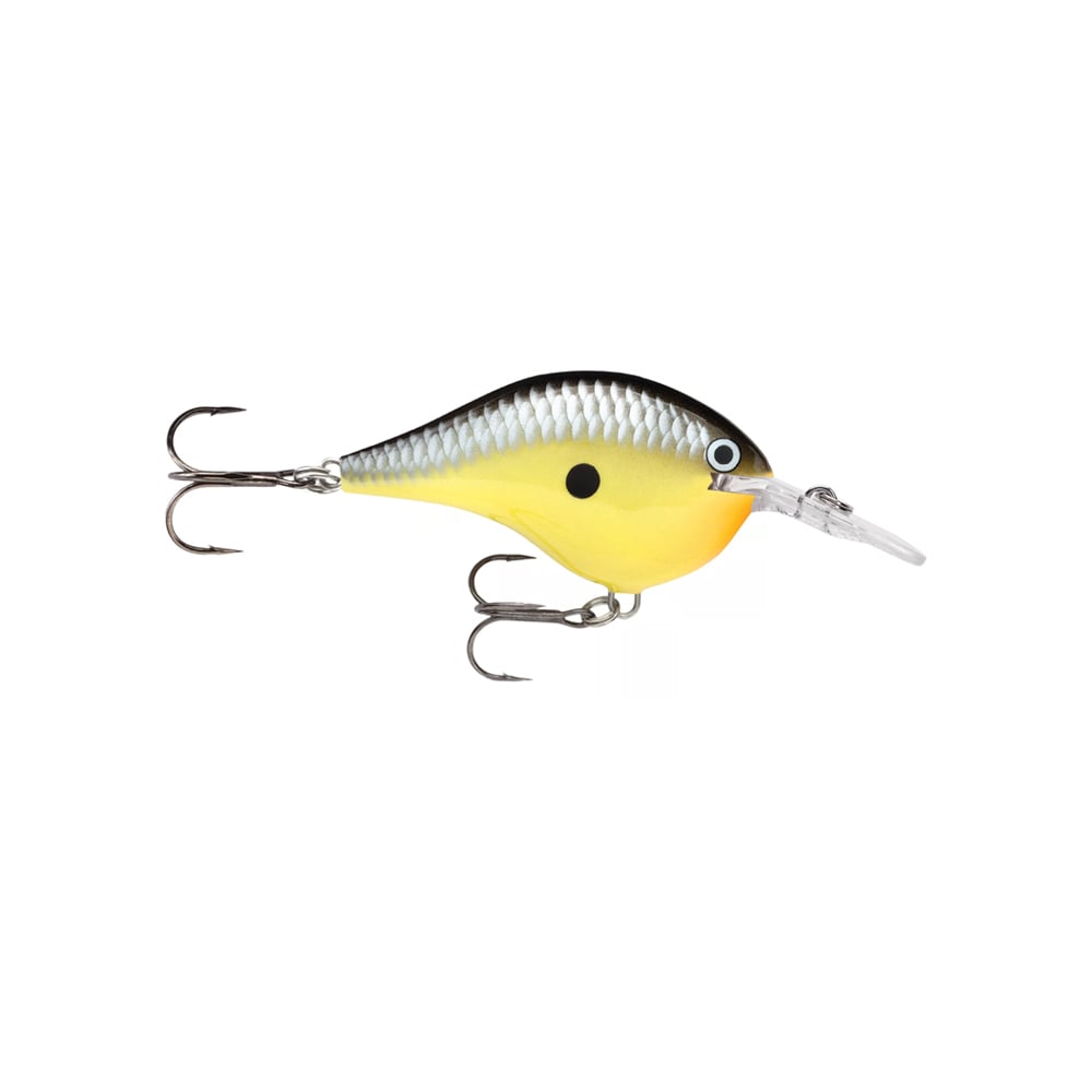 The Rapala DT Series Crankbaits, crafted by Rapala, consist of a balsa wood fishing lure with a vibrant yellow and orange body. It features a white underbelly and a textured dark stripe on top, fitted with two sharp treble hooks. Internal weights ensure balance while the transparent bill enhances diving finesse.