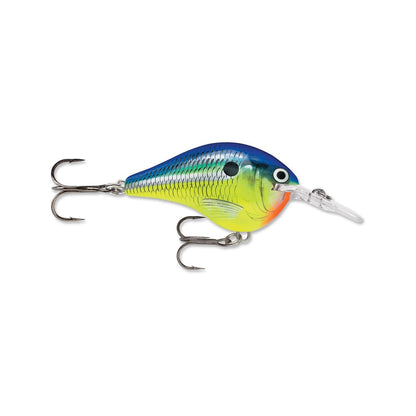 A vibrant lure from the Rapala DT Series Crankbaits boasts a blue and green scaled body with a yellow belly, equipped with two silver treble hooks. Made from balsa wood, it includes a clear plastic lip for effective crankbait diving action.