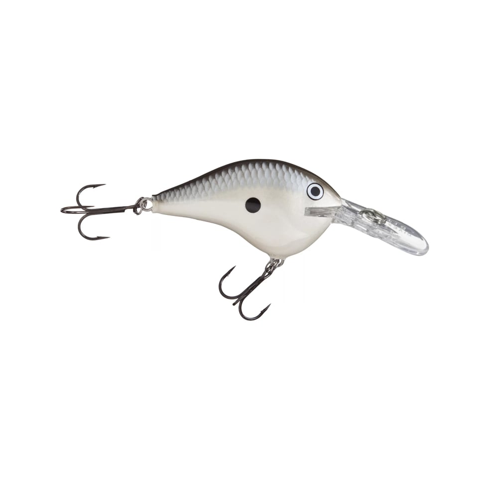 The Rapala DT Series Crankbaits, crafted by Rapala, showcase a white and gray body complemented by a clear plastic lip and equipped with two treble hooks. Its straightforward design imitates a small fish, making it ideal for deep diving excursions.