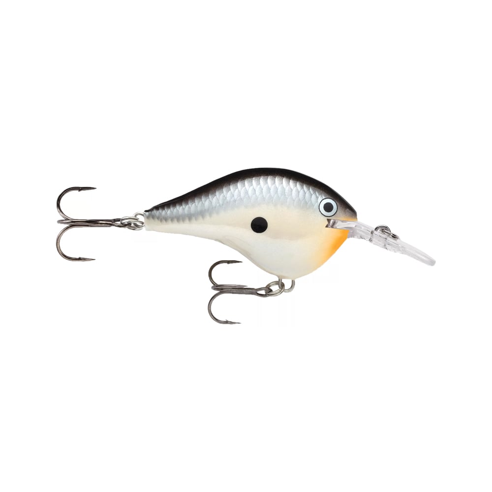 This intricate Rapala DT Series Crankbait showcases a metallic finish with a white and orange belly, complemented by a black top and a small black dot near the eye. Made from balsa wood for genuine appeal, it includes two treble hooks and features a polycarbonate lip designed for optimal diving performance.