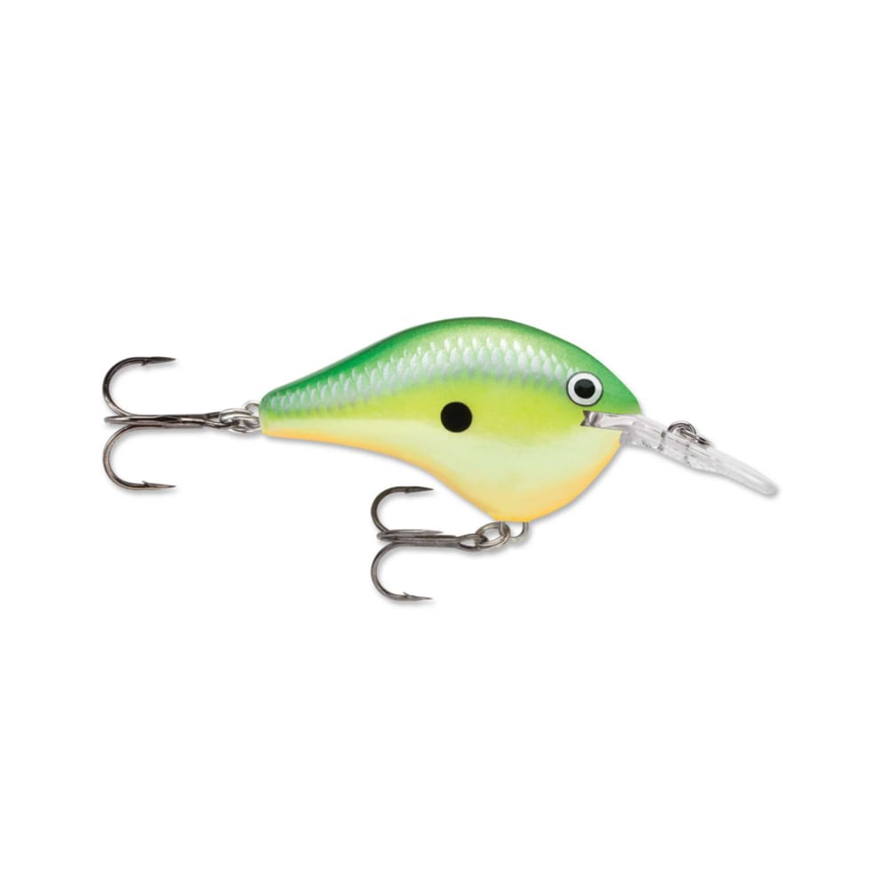 The Rapala DT Series Crankbaits, by Rapala, showcase a fish-like design with green and yellow hues, crafted from balsa wood and fitted with two treble hooks. The device is equipped with a clear polycarbonate lip at the front to enhance lifelike movement, while a black dot on the side adds to its realism.