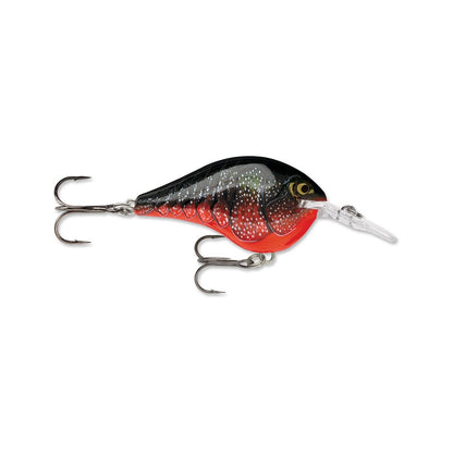 This fishing lure from Rapala's DT Series Crankbaits features a fish-like design with black, red, and white speckled colors. Made from balsa wood, it includes two treble hooks and a clear plastic lip for diving action. Enjoy the crankbait experience that comes with every cast of this Rapala product.