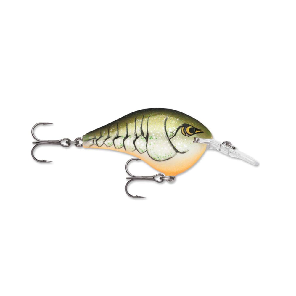 The Rapala DT Series Crankbaits by Rapala are crafted to mimic a small fish, showcasing a green and beige body accented with scale patterns. This balsa wood lure is equipped with two treble hooks and features a transparent diving lip to enhance its exceptional crankbait action.