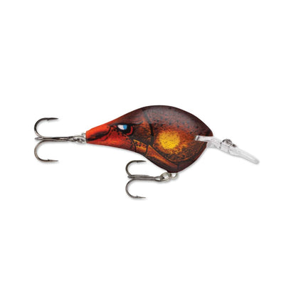 The Rapala DT Series Crankbaits by Rapala showcase a vibrant design resembling a small fish, characterized by red and yellow hues, a prominent eye illustration, and equipped with two treble hooks.