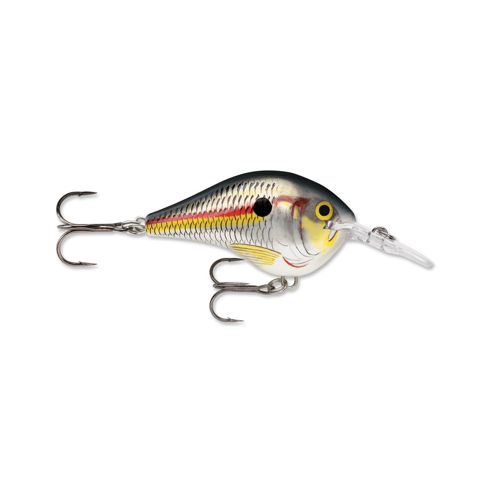 The Rapala DT Series Crankbaits by Rapala are fishing lures designed to resemble small fish, complete with silver scales and a distinctive black spot near the eye. They boast vibrant yellow eye accents and a red stripe along the sides, while their translucent plastic lips allow for deep diving to lure in your next big catch.