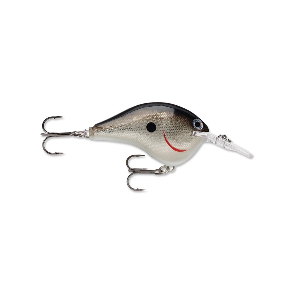 This Rapala DT Series Crankbait by Rapala boasts a lifelike design, featuring a silver and black body with a pronounced red stripe and clear lip, effectively mimicking a small fish. Made from balsa wood to ensure authentic crankbait action, it's outfitted with two treble hooks for peak performance.