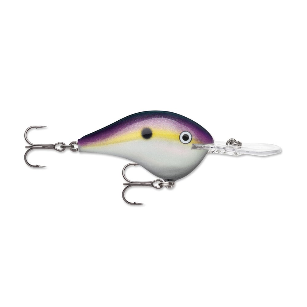 Explore the charm of our fishing lure from Rapala, featuring a purple and white body designed to mimic a small fish. As part of the Rapala DT Series Crankbaits, this exceptional deep diving crankbait is equipped with two treble hooks and a transparent lip for precision diving.