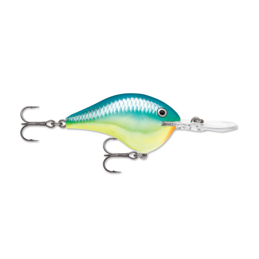 This vibrant lure from Rapala's DT Series Crankbaits showcases a blue and green body accented with white scaling patterns. Constructed from high-quality balsa wood, it is equipped with two treble hooks and a clear plastic lip designed for deep diving, imitating the movement of a small fish.