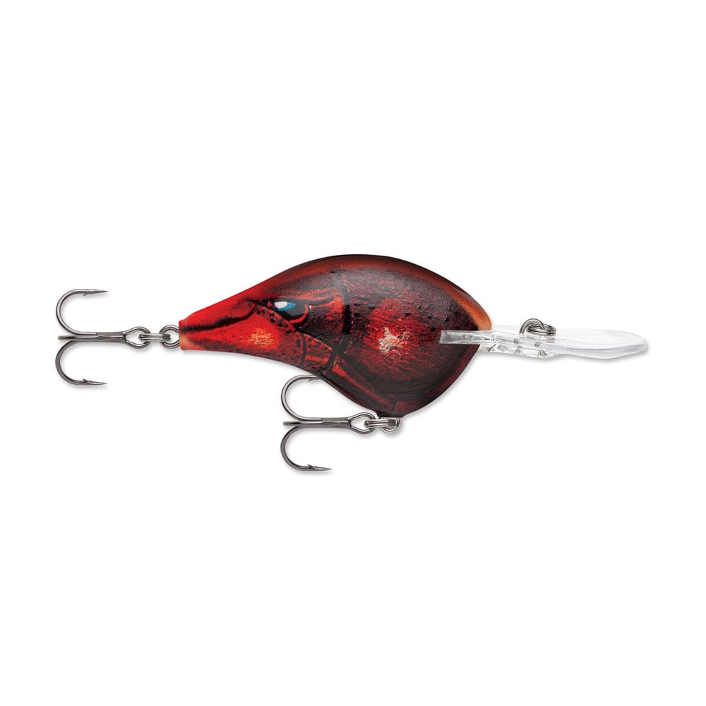 The Rapala DT Series Crankbaits by Rapala is a red and black lure with a fish-like design, equipped with two sets of treble hooks and a clear plastic lip for diving. Its internal weights are ideal for drawing in fish.