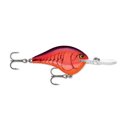 The Rapala DT Series Crankbaits, by the trusted brand Rapala, is a red and orange, deep-diving lure made from balsa wood. It includes two treble hooks, a clear plastic lip, detailed scale patterns, and a yellow eye with a black center to effectively mimic the appearance of a small fish.