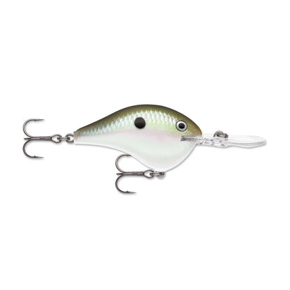 The Rapala DT Series Crankbaits, crafted by Rapala, are designed to mimic a lively fish with their silver and green coloring and crankbait action. This fishing lure features a black eye, a dark side spot, two treble hooks, and a transparent lip for deep water diving.