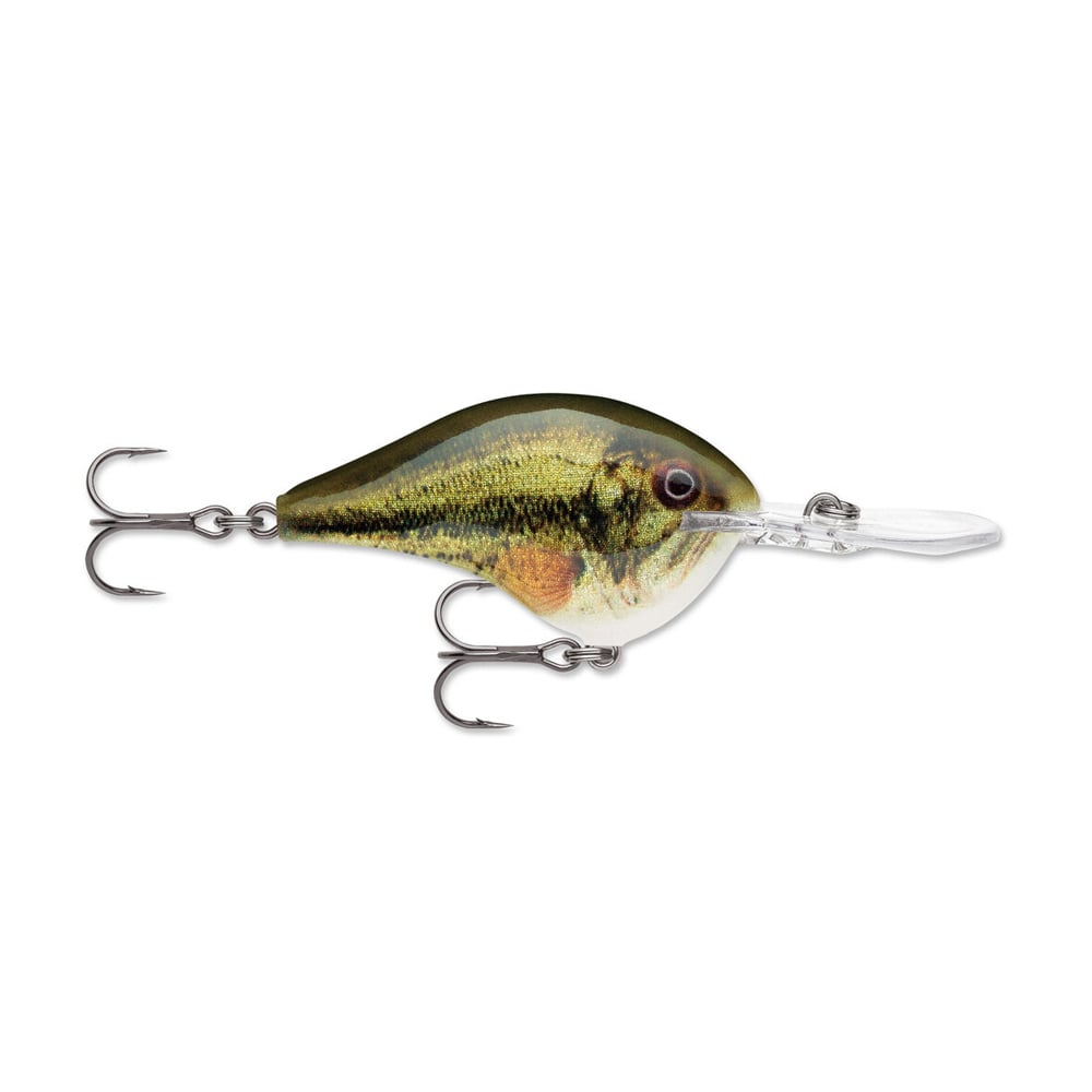 The Rapala DT Series Crankbait, designed by Rapala, offers an intricately detailed lure that resembles a small fish with a lifelike design. It features a greenish body with a subtle pattern and is crafted from balsa wood. The crankbait includes two sharp treble hooks and a clear plastic lip for true-to-life crankbait action.