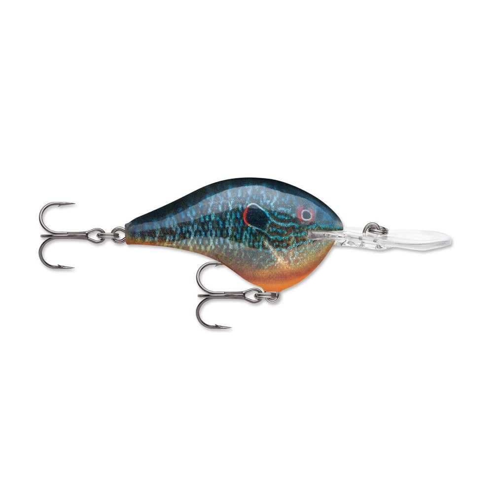 The Rapala DT Series Crankbaits, a product by Rapala, is a fishing lure crafted to mimic the appearance of a small fish. It boasts a blue and orange speckled balsa wood body, equipped with two treble hooks and a transparent plastic lip to deliver genuine crankbait motion in the water.