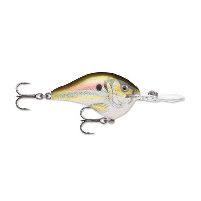 This lifelike fishing lure, similar to the Rapala DT Series Crankbaits by Rapala, features a glossy, multicolored finish in shades of yellow, pink, and white. Designed to enhance crankbait action, it includes a transparent lip and two treble hooks underneath.