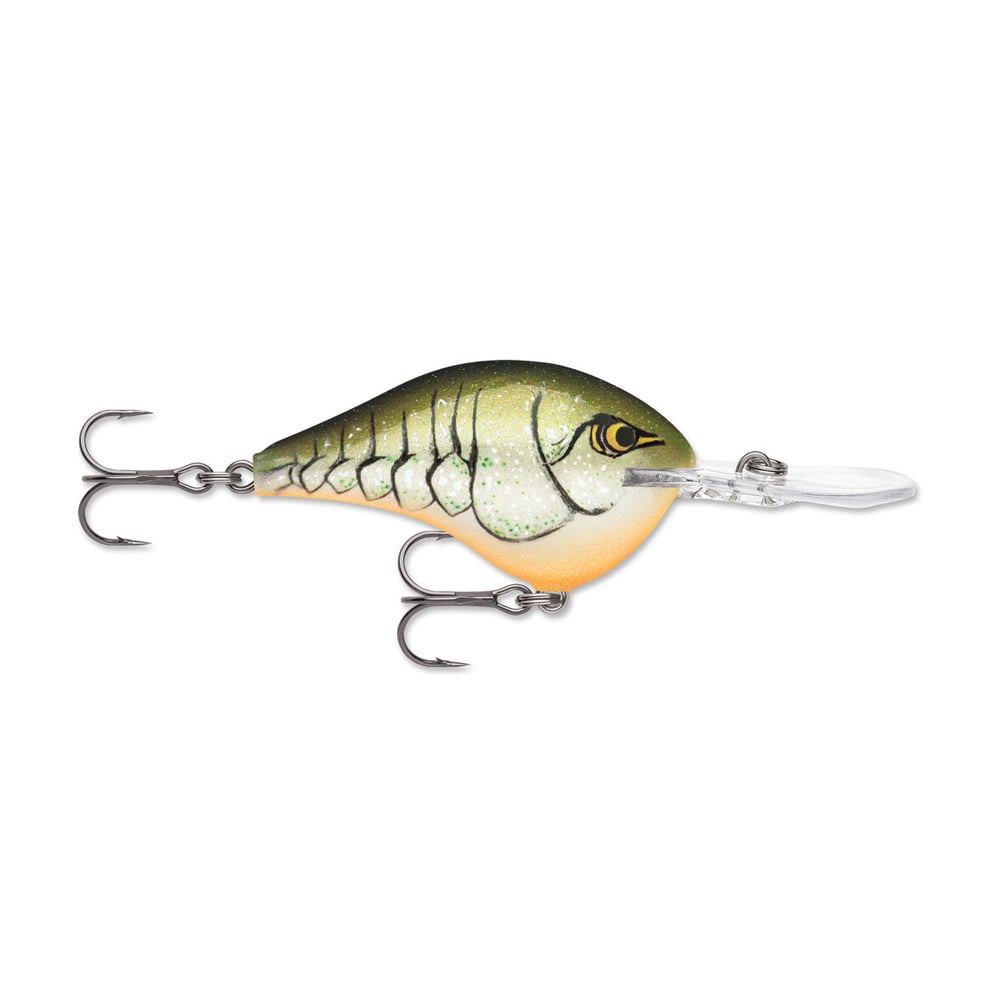 The Rapala DT Series Crankbaits by Rapala is a balsa wood fishing lure designed in a realistic fish shape, featuring two treble hooks and adorned with a green and orange color scheme, complete with scale details. This deep diving crankbait is fitted with a transparent lip at the front to improve underwater performance.