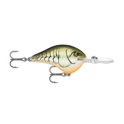 The Rapala DT Series Crankbaits by Rapala is a balsa wood fishing lure designed in a realistic fish shape, featuring two treble hooks and adorned with a green and orange color scheme, complete with scale details. This deep diving crankbait is fitted with a transparent lip at the front to improve underwater performance.