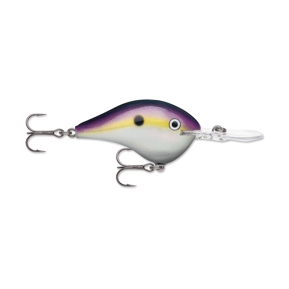 The Rapala DT Series Crankbaits from Rapala showcase a vibrant combination of purple, yellow, and white. Designed with two treble hooks and a clear plastic lip, they are ideal for deep diving underwater excursions.