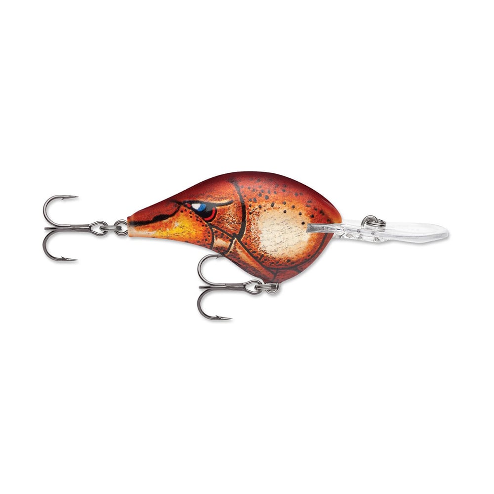 A detailed view of the Rapala DT Series Crankbait highlights its fish-shaped design, featuring vibrant red and orange colors and crafted from balsa wood. This lure by Rapala includes two treble hooks, a realistic fish-eye pattern, and a clear plastic lip that enables it to dive underwater for genuine crankbait action.