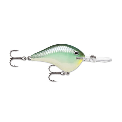 A Rapala DT Series Crankbait from Rapala, designed with a green and white scale pattern, equipped with two treble hooks and a durable polycarbonate lip.