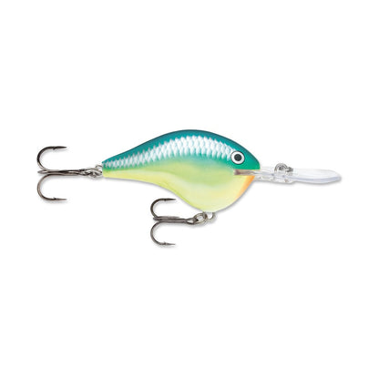 This vibrant fishing lure from the Rapala DT Series Crankbaits presents a captivating green and yellow gradient and a fish-like shape. Made from balsa wood, it includes a blue back, an orange spot near the mouth area, and a clear plastic lip for unbeatable crankbait action.