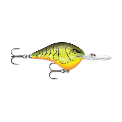 This Rapala DT Series Crankbait from Rapala features a vibrant design with green and yellow hues, realistic fish patterns, and crankbait action. It's crafted from balsa wood and includes two treble hooks along with a transparent bill at the front.