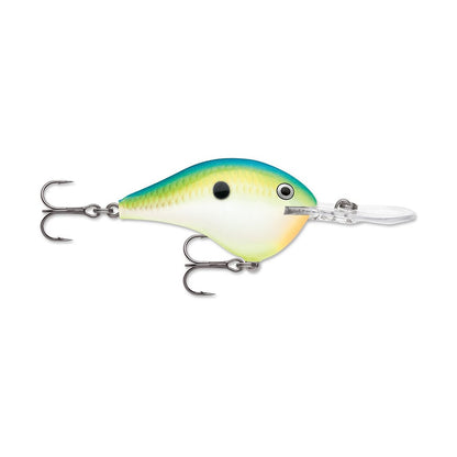 The Rapala DT Series Crankbaits, by the brand Rapala, showcase a vibrant fishing lure made from premium balsa wood. It features a blue and green top, complemented by a yellow and white underside, and is adorned with a distinctive black spot on its side. Engineered for outstanding crankbait action, it comes with two treble hooks and a transparent bill at the front.