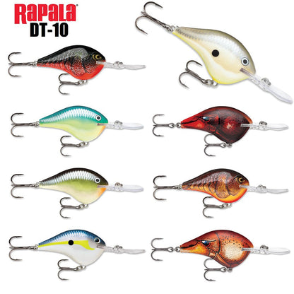 Image showcasing a set of eight Rapala DT Series Crankbaits by the brand Rapala, expertly crafted from balsa wood. These action lures are available in a variety of colors and patterns such as red, blue, yellow, green, and brown. Each crankbait is equipped with two triple hooks and is neatly arranged in two vertical columns.