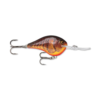 This detailed Rapala DT Series Crankbait, crafted from balsa wood, features a brown ribbed body, an orange belly with shiny specks, and the signature crankbait action unique to Rapala. It is equipped with a clear elongated lip and two treble hooks strategically placed for optimal performance.