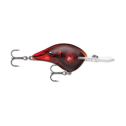 The Rapala DT Series Crankbaits, a product by Rapala, showcases a streamlined design in red and black, mimicking a small fish or aquatic creature. It features two treble hooks and includes a clear plastic bill for diving action. Crafted from durable balsa wood, this lure delivers exceptional crankbait performance in the water.