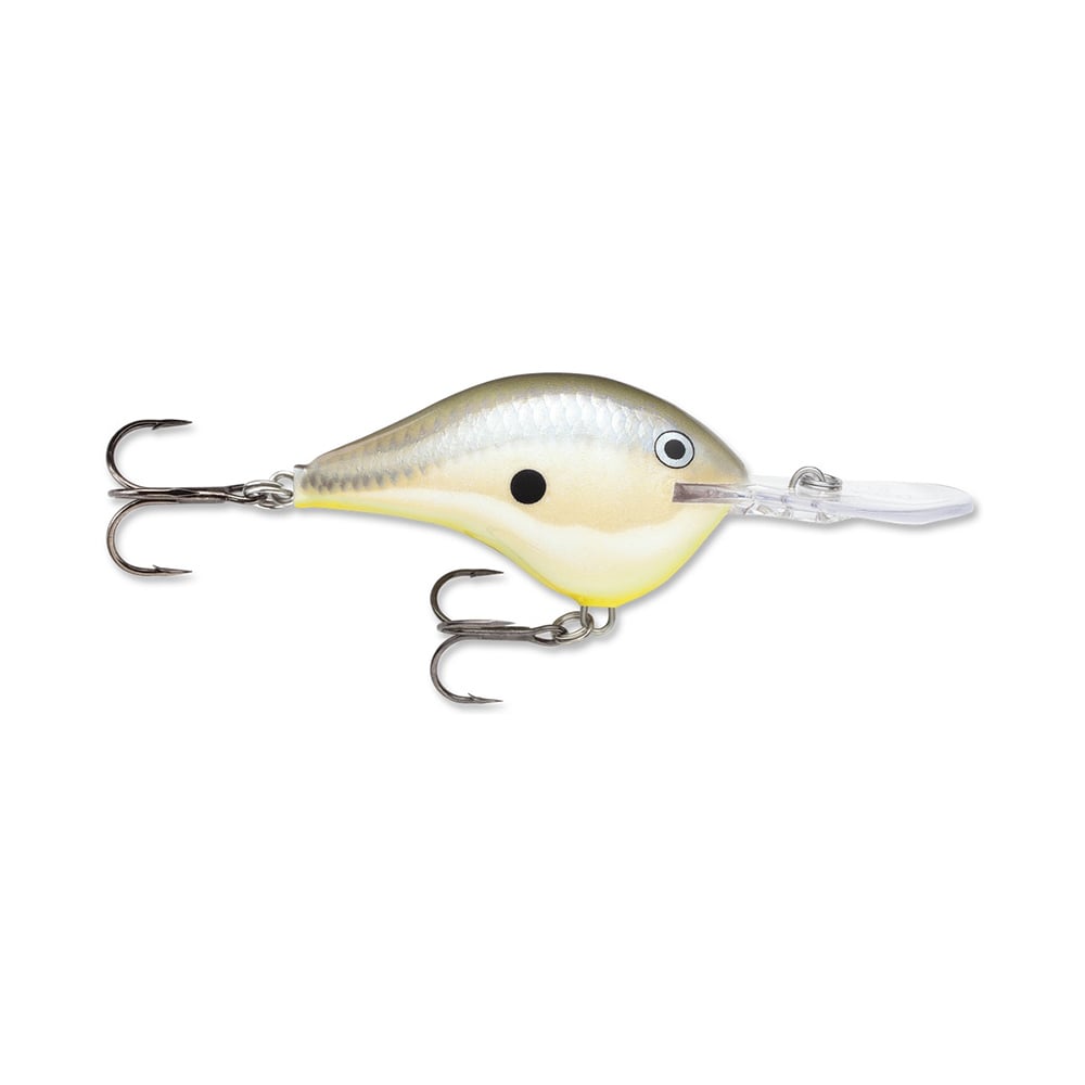 The Rapala DT Series Crankbaits by Rapala is a balsa wood fishing lure designed with a fish-like appearance, featuring a white and yellow body with black markings, equipped with two treble hooks and a durable polycarbonate lip.