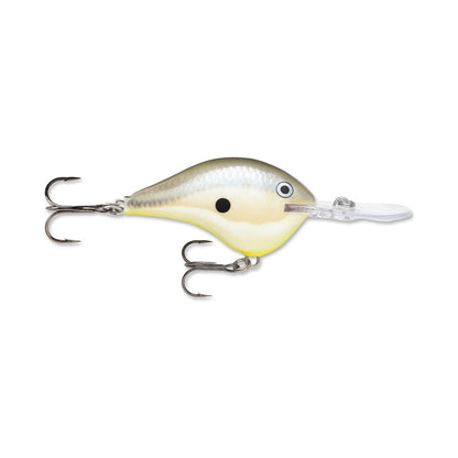 The Rapala DT Series Crankbaits by Rapala is a balsa wood fishing lure designed with a fish-like appearance, featuring a white and yellow body with black markings, equipped with two treble hooks and a durable polycarbonate lip.