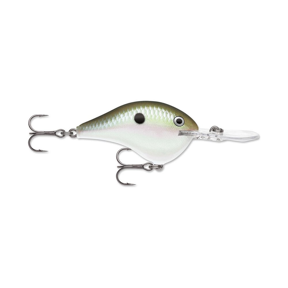 A fishing lure with a green and white body that includes a black spot near the middle, outfitted with two treble hooks and a transparent bill for diving underwater, similar to the Rapala DT Series Crankbaits by Rapala, which are renowned for their balsa wood construction and exceptional crankbait action.