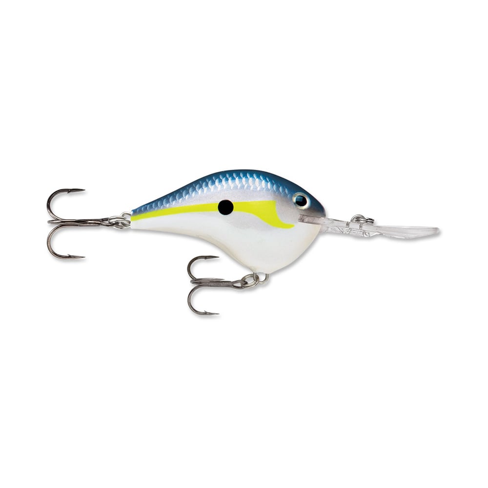 A detailed image of a Rapala DT Series Crankbait fishing lure crafted from balsa wood, featuring a blue back, yellow stripe, and white belly. It is equipped with two treble hooks and a polycarbonate diving lip designed to mimic a small fish with precision.