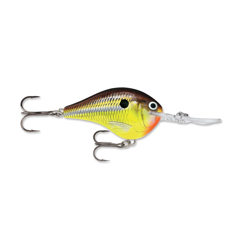 A fish-like fishing lure with a vibrant yellow and green balsa wood body, dark scales on top, and equipped with two silver treble hooks. It features a sturdy polycarbonate lip extending from the mouth for diving, similar to the Rapala DT Series Crankbaits.