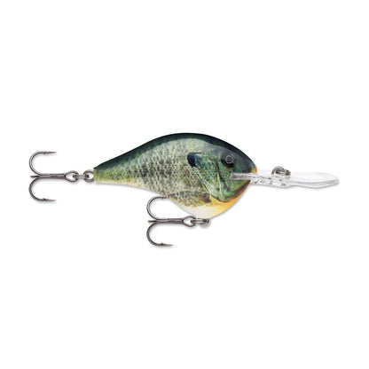 The Rapala DT Series Crankbaits by Rapala are realistic fish-shaped lures with a green, black, and yellow pattern. They feature two treble hooks, internal weights for enhanced casting distance, and a clear plastic bill designed for diving.