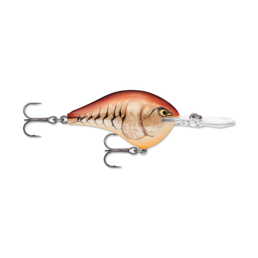 Introducing the Rapala DT Series Crankbaits by Rapala: a balsa wood fishing lure designed to mimic a fish, featuring a brown top and cream-colored body with scales painted on the sides. Equipped with two treble hooks, internal weights for optimal balance, and a transparent lip for diving.