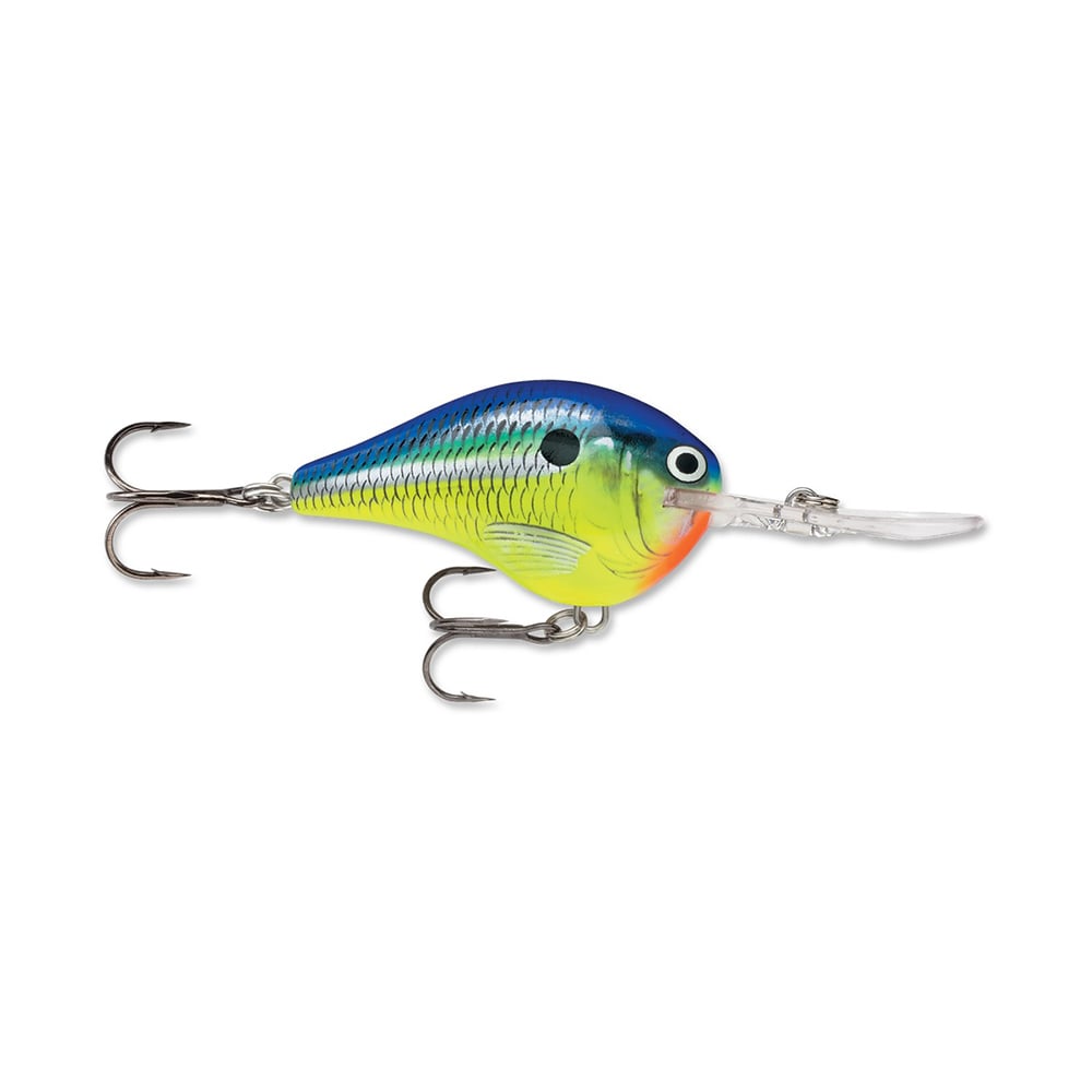 The Rapala DT Series Crankbaits, from the renowned brand Rapala, showcases a fish-like shape adorned with blue, yellow, and green scales, complemented by an orange underside and equipped with two treble hooks. Designed with a clear plastic lip for diving and crafted from balsa wood, it offers irresistible crankbait action in the water.