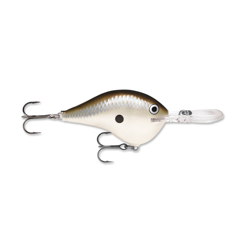 A Rapala lure with a lifelike fish design showcases a white and brown body made from balsa wood and is equipped with two treble hooks, set against a plain white background. Part of the DT Series Crankbaits by Rapala, it features a sturdy polycarbonate lip for enhanced performance.