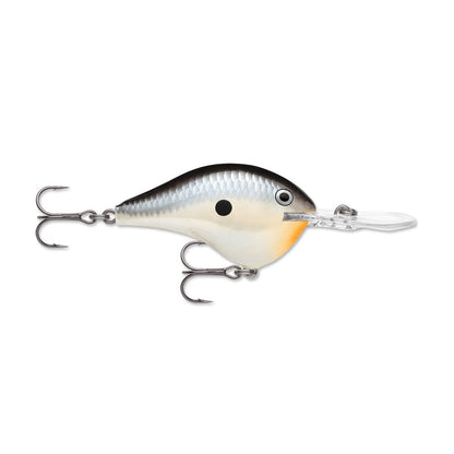 The Rapala DT Series Crankbait by Rapala is a silver and black fishing lure designed to resemble a small fish. Made from balsa wood, it dives deep with precision and features two treble hooks and a clear plastic lip. A small black dot adds to its realistic appearance, making it perfect for serious anglers.